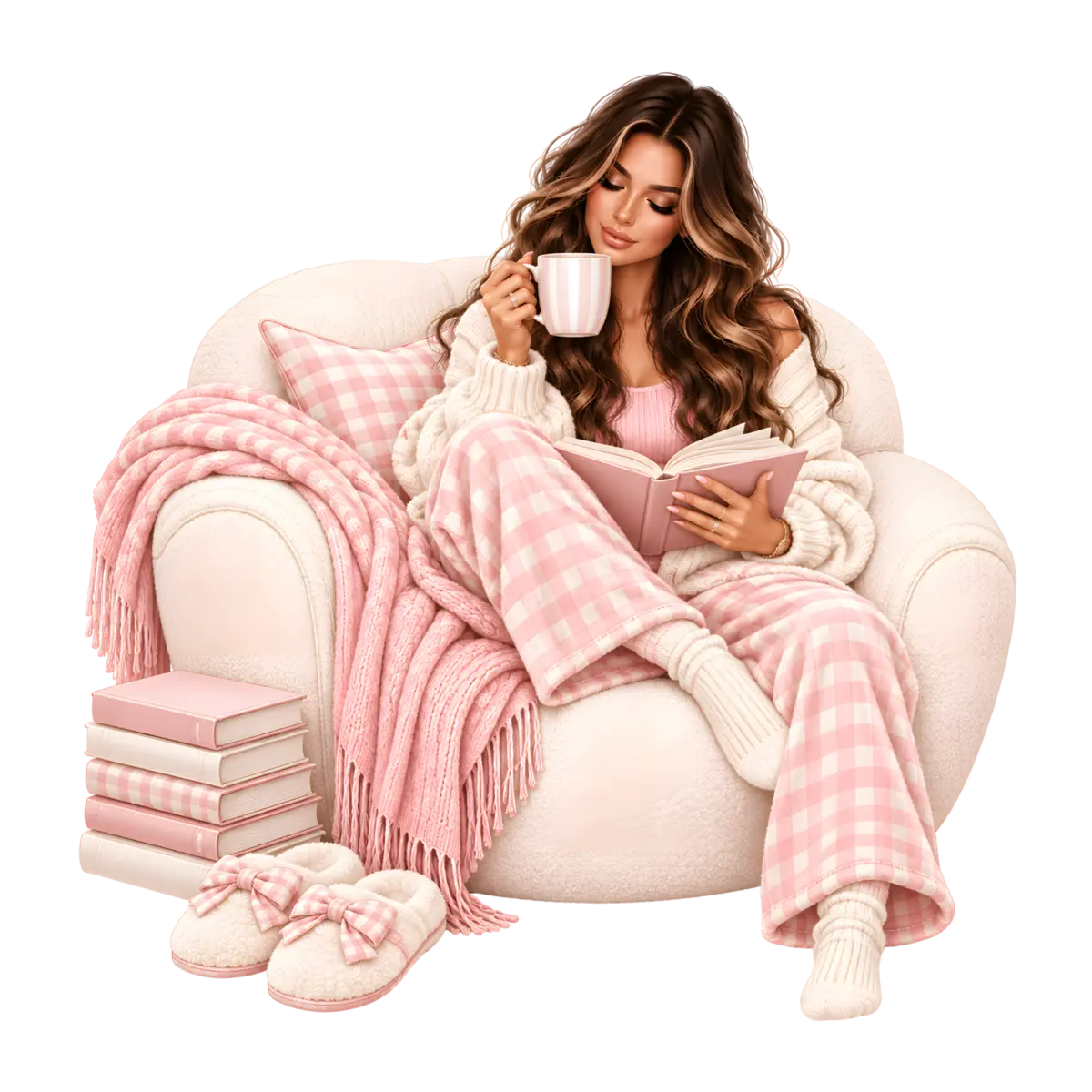 Pink collection girl reading with a blanket and coffee