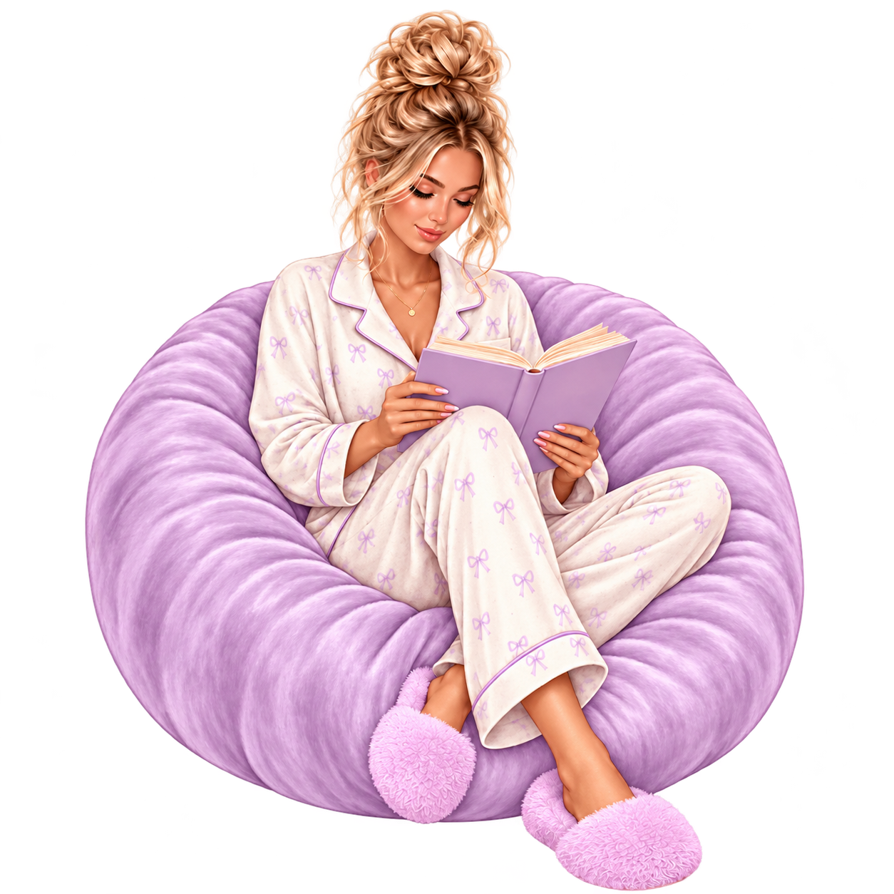 Lilac collection girl reading on a lavender beanbag